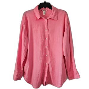 Pink Watermelon Preppy Summer Linen Blend Long Sleeve Button Down Medium